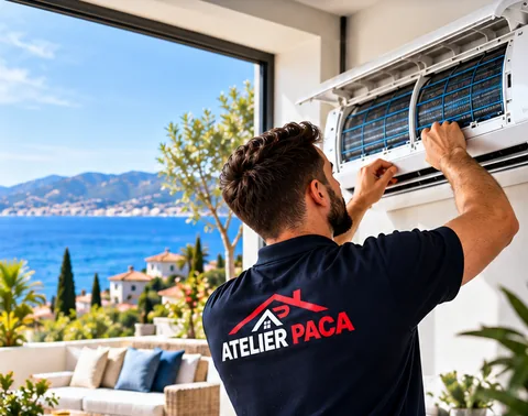 Technicien Atelier PACA nettoyant une climatisation murale face à la mer