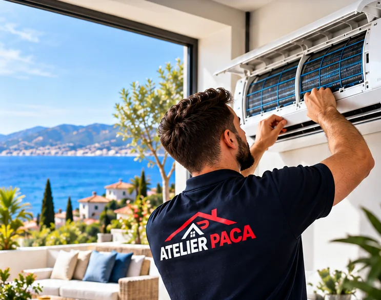 Technicien Atelier PACA nettoyant une climatisation murale face à la mer, intervention à Callian