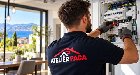 Électricien Atelier PACA câblant un tableau électrique dans une villa de la Côte d'Azur