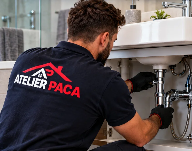 Plombier Atelier PACA réparant un siphon sous un lavabo, intervention à Opio