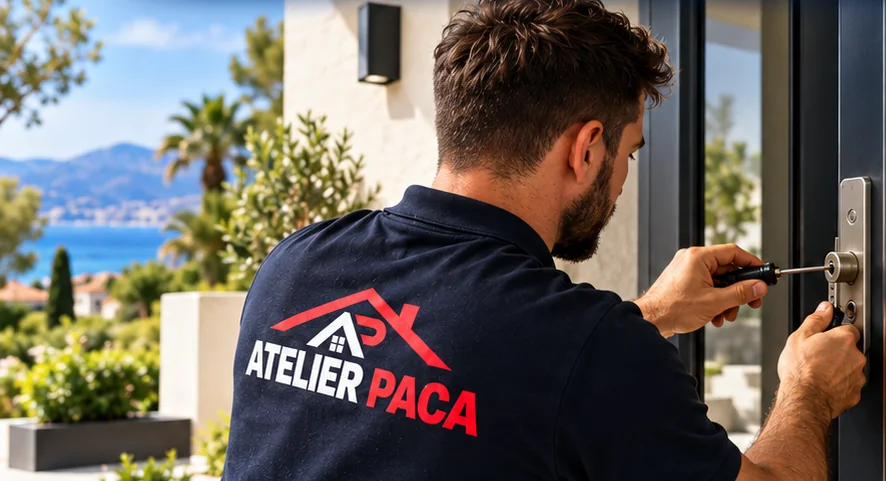 Serrurier Atelier PACA remplaçant un cylindre de serrure sur une porte d'entrée, intervention à Pégomas