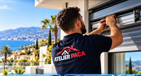Technicien Atelier PACA réparant un volet roulant sur une terrasse face à la baie